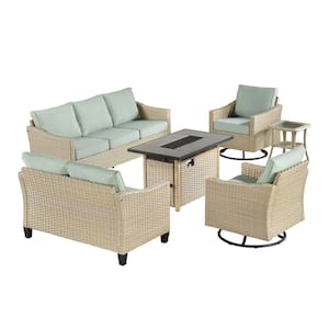 Oconee Beige 6-Piece Wicker Outdoor Patio Conversation Sofa Loveseat Set with a Fire Pit and Light Green Cushions
