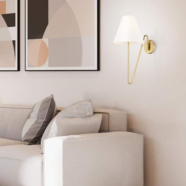Golden Lighting - Kennedy 1-Light Brushed Champagne Bronze Hardwired/Plug-In Swing Arm Wall Lamp with Ivory Linen Shade