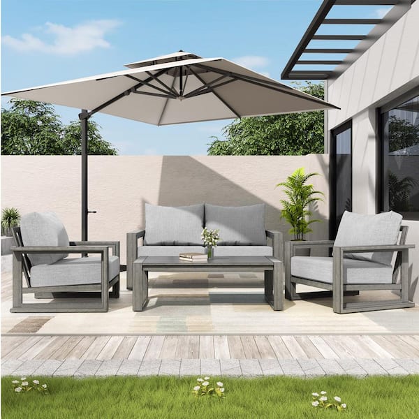 Palmelle Cove 4-Piece Hand-Painted Aluminum Outdoor Conversation Set with Loveseat, Gray Cushions and Coffee Table