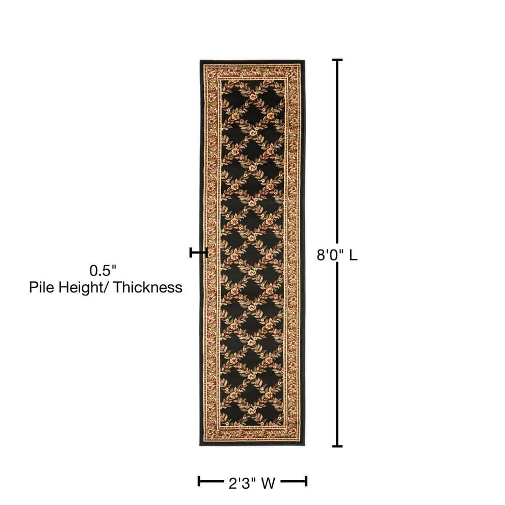 Elegant Floral Border Runner Rug in Black and Brown, 2'3" x 8'