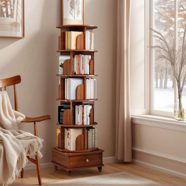 Colby Rotating 69 in. Tall Walnut MDF 6-Shelf Corner Bookcase with Drawer and Lockable Wheels