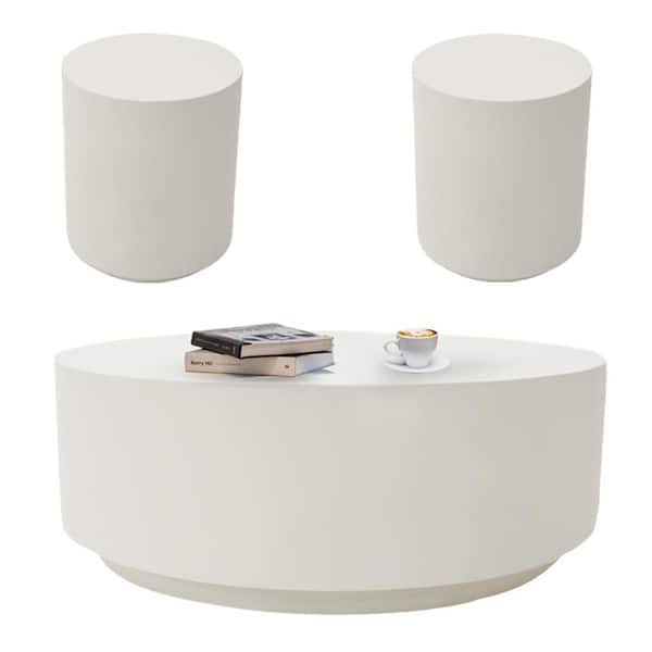 Sol Living Elementi Rome 14.2 in. Cream White Round Concrete Outdoor Coffee Table and Side Table FEG03 07 CW 3 1