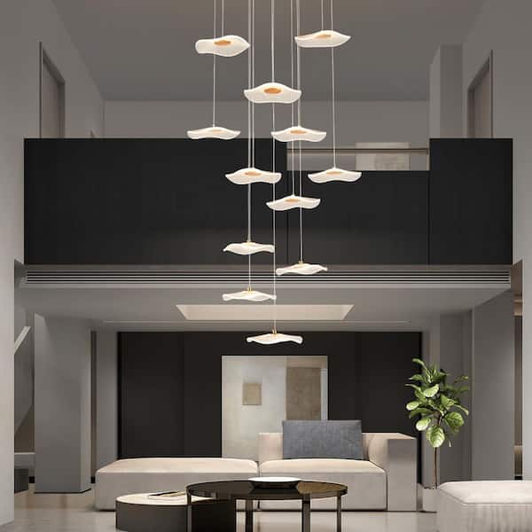 High Foyer Ceiling Chandelier Modern LED Dimmable Gold Spiral Lotus Chandeliers 12-Light Long Staircase Chandelier