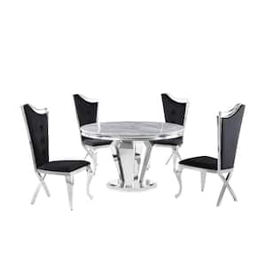 Crownie Black/Silver Faux Marble Round Dining Set (5-piece)