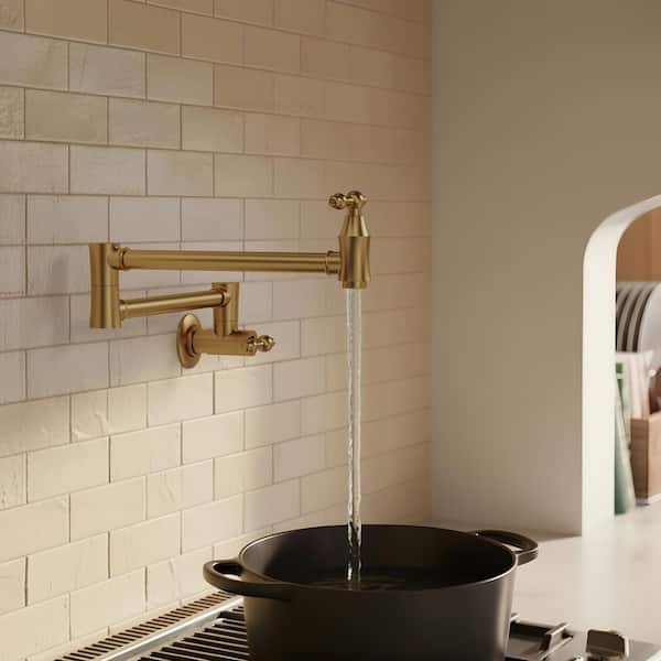 Wall Mounted Cold-Water Pot Filler with 2 Handle in Brushed Gold