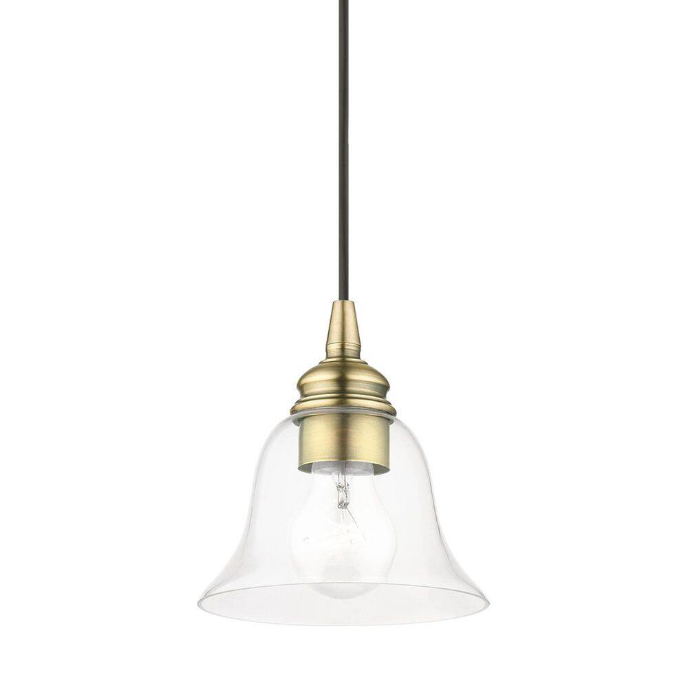 Transitional Hand-Blown Clear Glass Pendant in Antique Brass