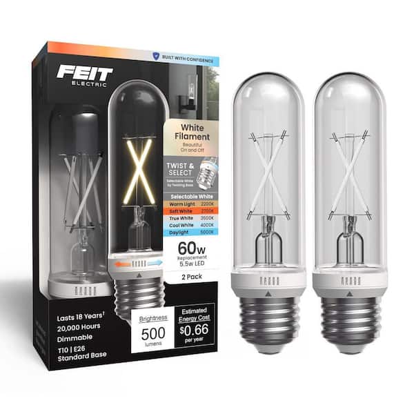 60W Equiv. T10L Dimmable Straight White Filament E26 Vintage Tubular Twist Select LED Light Bulb Selectable White 2-Pack
