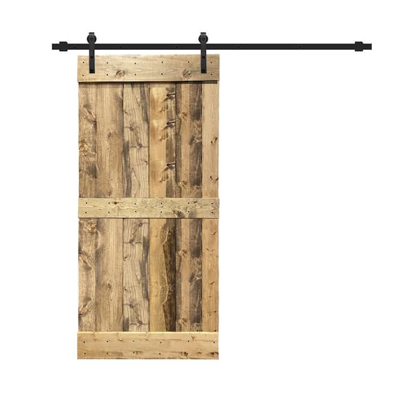 CALHOME Mid-Bar Series 24 in. x 84 in. Solid Weather Oak Stained Pine Wood Interior Sliding Barn Door with Hardware Kit