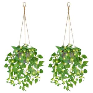 2 Pack Hanging Plant Fake Hanging Plants with LED Lights, Artificial Hanging Plant with Pots