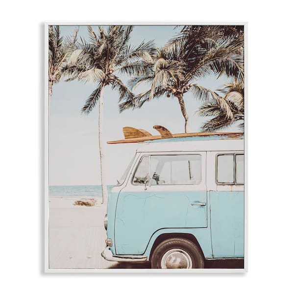 Stupell Industries Retro Surfboard and Van by LSR Design Studio White Framed Sports Giclee Art Print 14 in. x 11 in.
