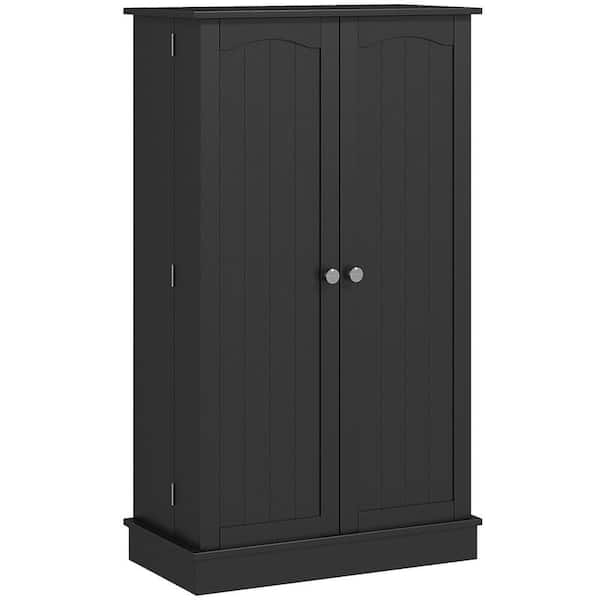 5-Tier Black Wood Pantry Cabinet, Freestanding Kitchen Storage Cupboard with 2 Doors and Adjustable Shelves