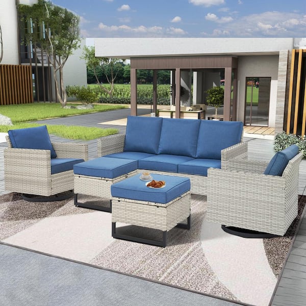 Gymojoy Valenta 5-Piece Wicker Patio Conversation Set with Blue Cushions
