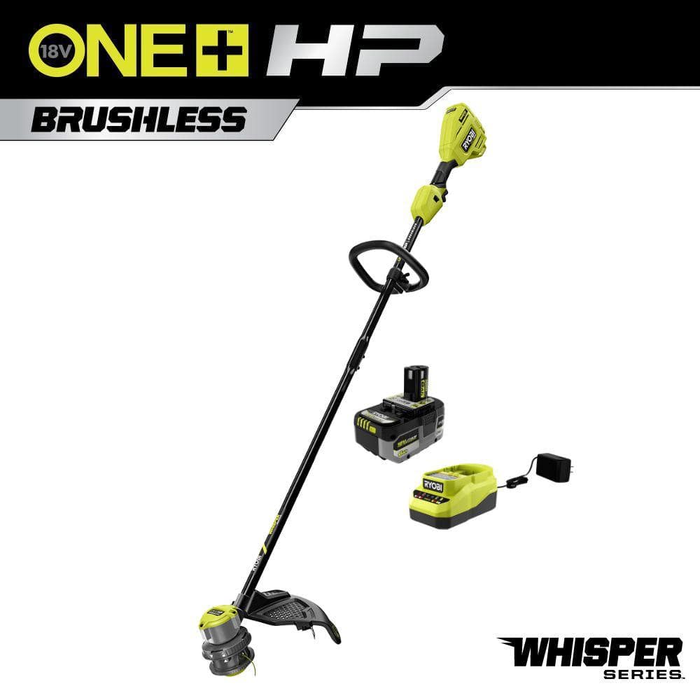 RYOBI ONE HP 18V Brushless Whisper Series 15 in. Cordless Battery String Trimmer with 6.0 Ah Battery and Charger P20190 The Home Depot