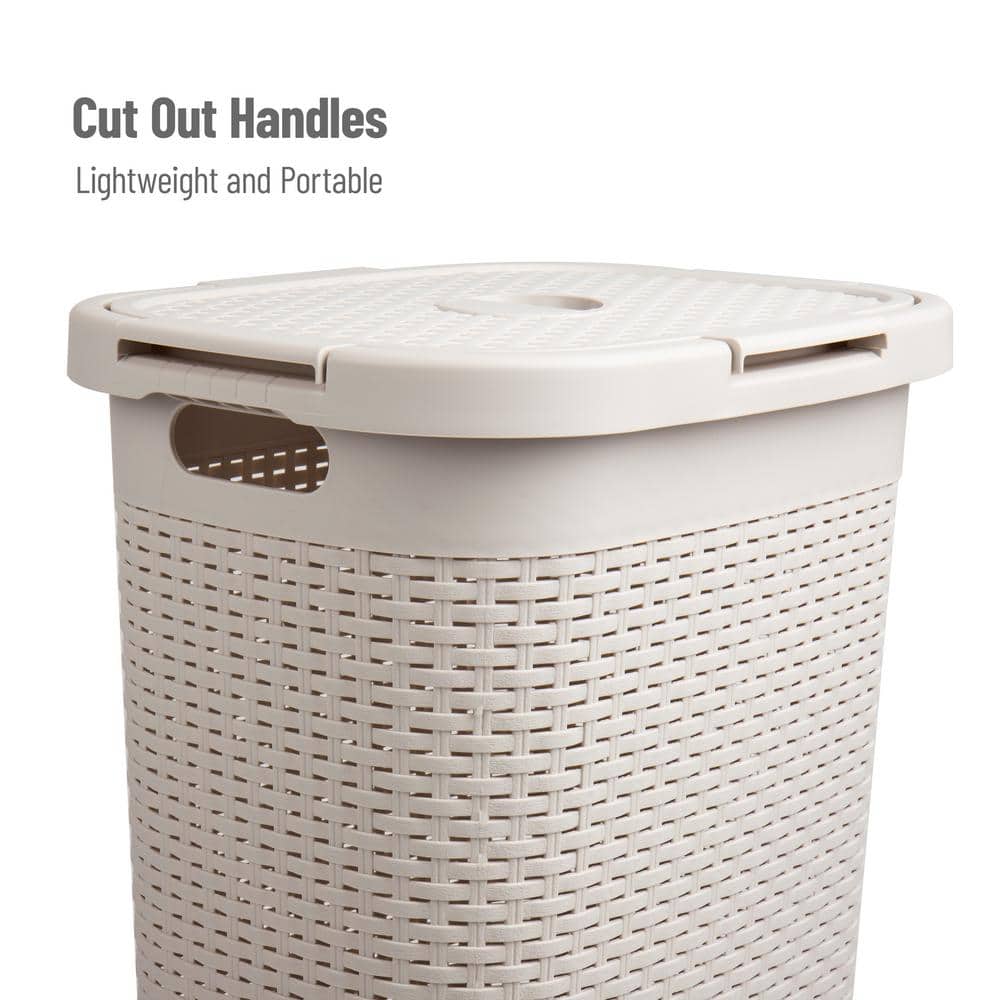Ivory Plastic Wicker Collapsible Laundry Hamper with Wheels and Lid