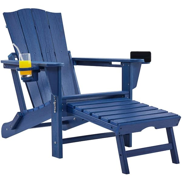 Yaheetech Adirondack Chair All Weather Outdoor Patio Folding Fire Pit Chair w/ Retractable Ottoman and Cup Holder, Navy Blue