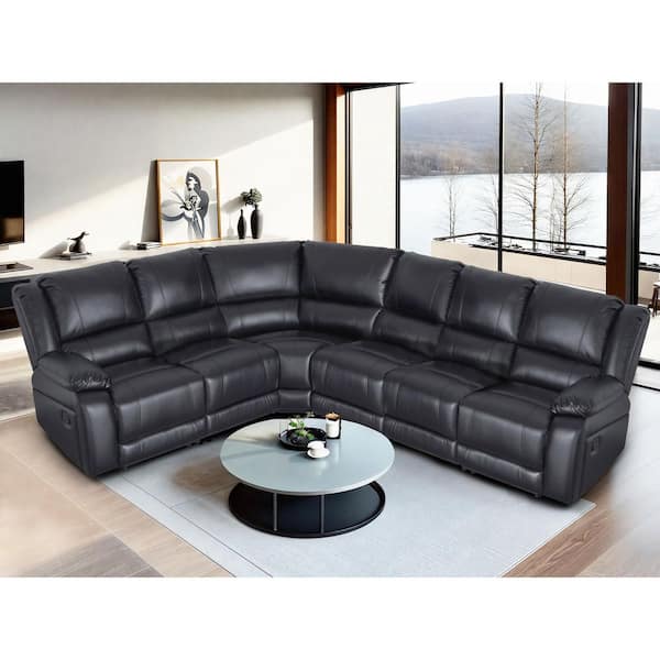 Barry 119 in. 6-Seaters Faux Leather Manual Reclining Sectional Sofa Modular Design in Black
