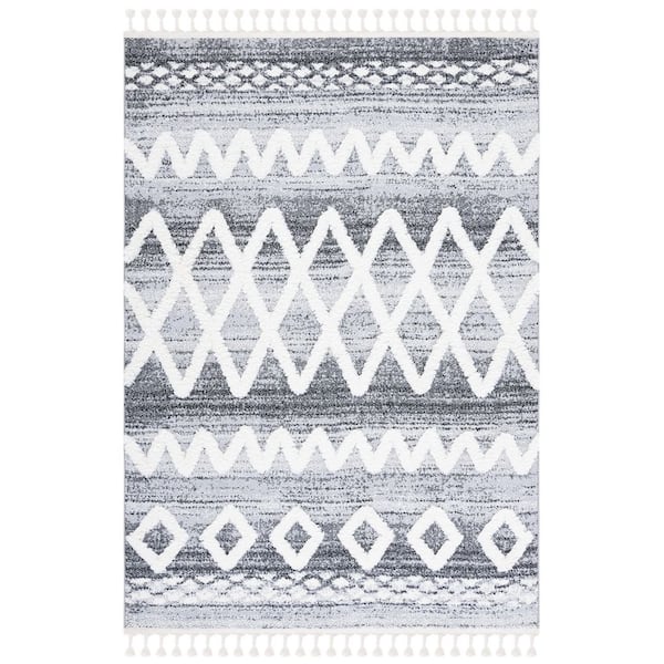 Moroccan Tassel Shag 9 ft. x 12 ft. Gray/Ivory High-Low Geometric Area Rug