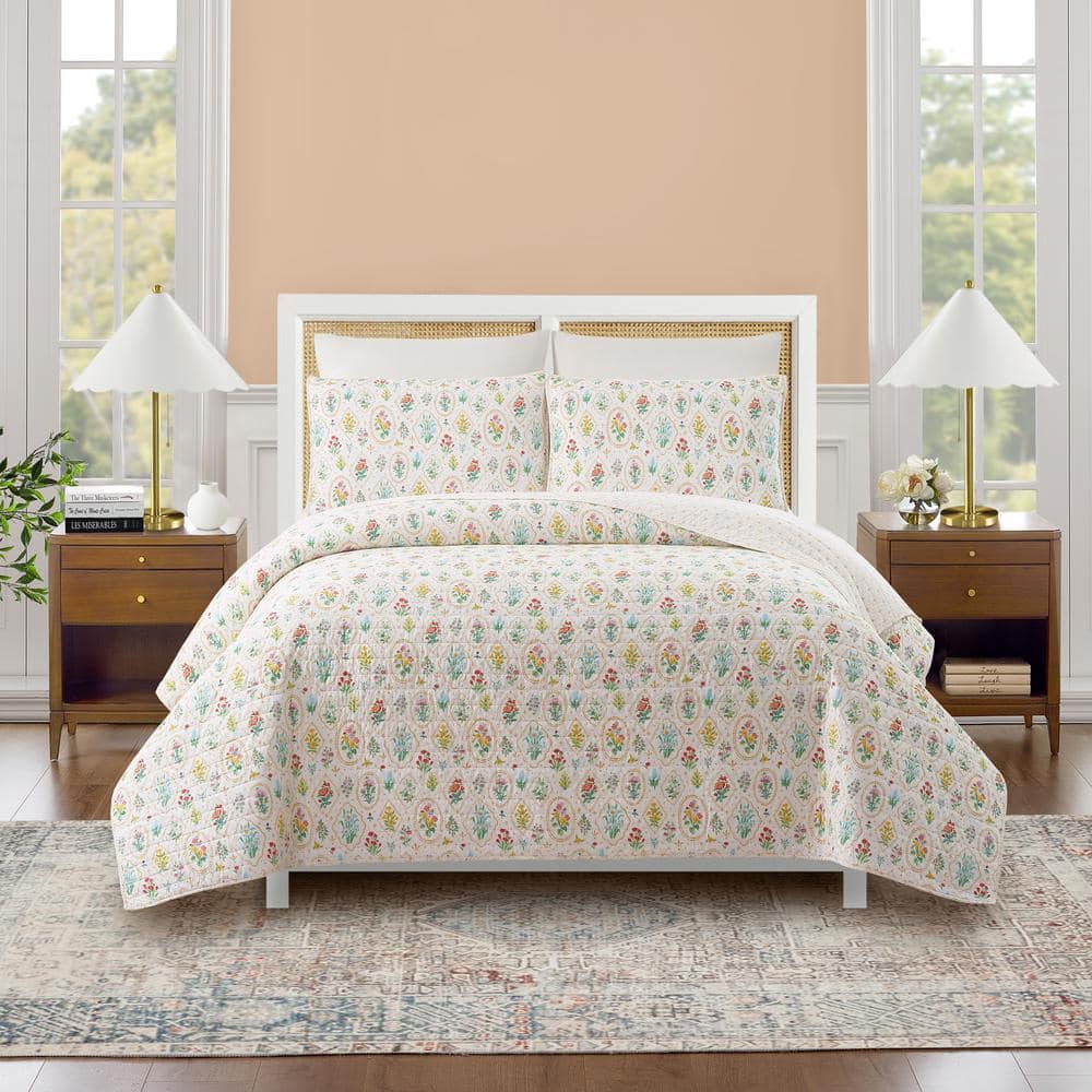 White Floral Reversible Cotton Full Quilt Set