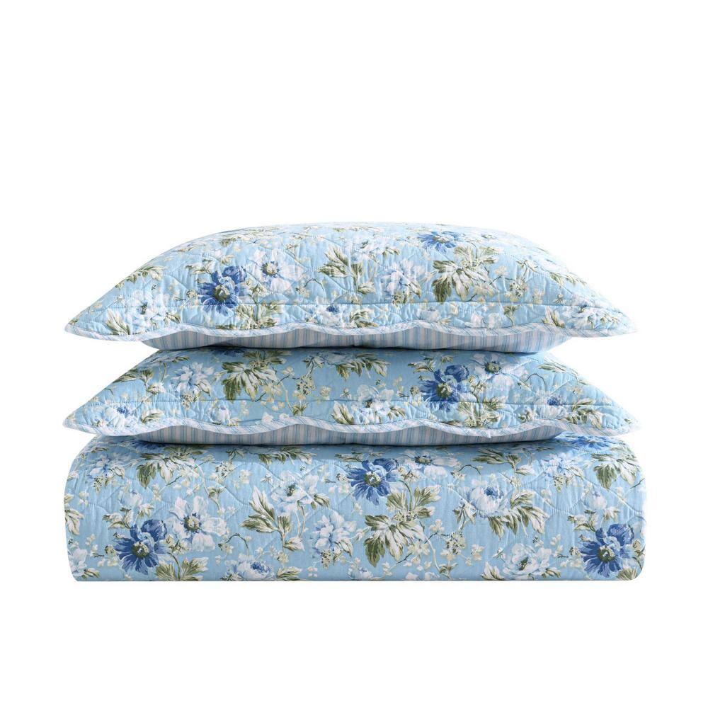 Blue Twin Cotton Reversible Quilt Set with Floral Design