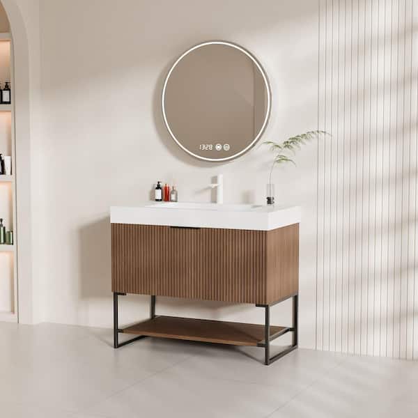 Baye 35.83 in. W Freestanding Walnut Single Sink Bath Vanity with White Acrylic Top Unassembled
