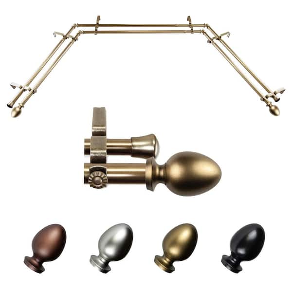 Tomesha 20-36 in. sides, 38-72 in. center Adjustable Bay Window Double Curtain Rod 13/16 in. Antique Brass with Finial