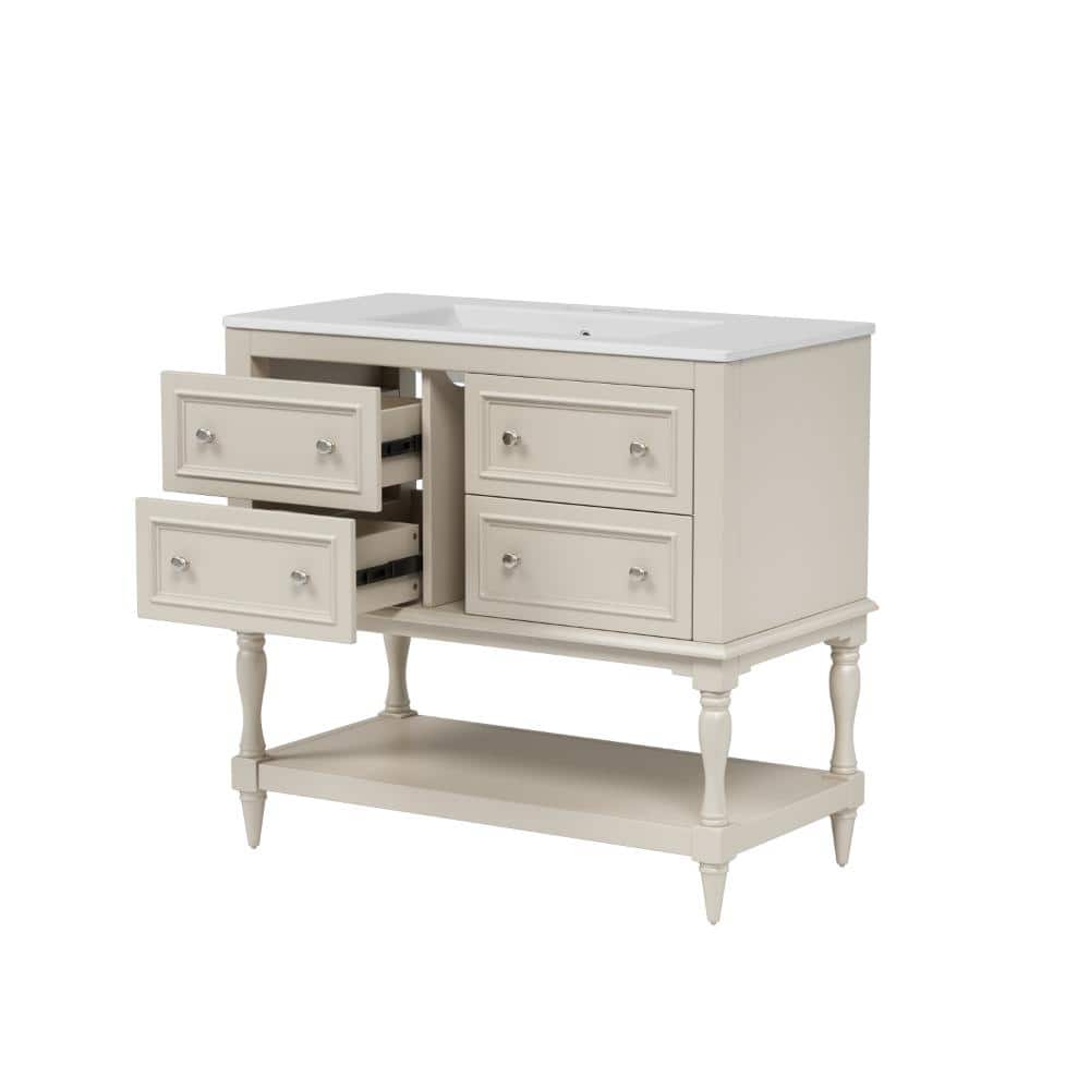36 in. W Beige Freestanding Bathroom Vanity with Ceramic Undermount Sink, 4 Drawers and Open Shelf