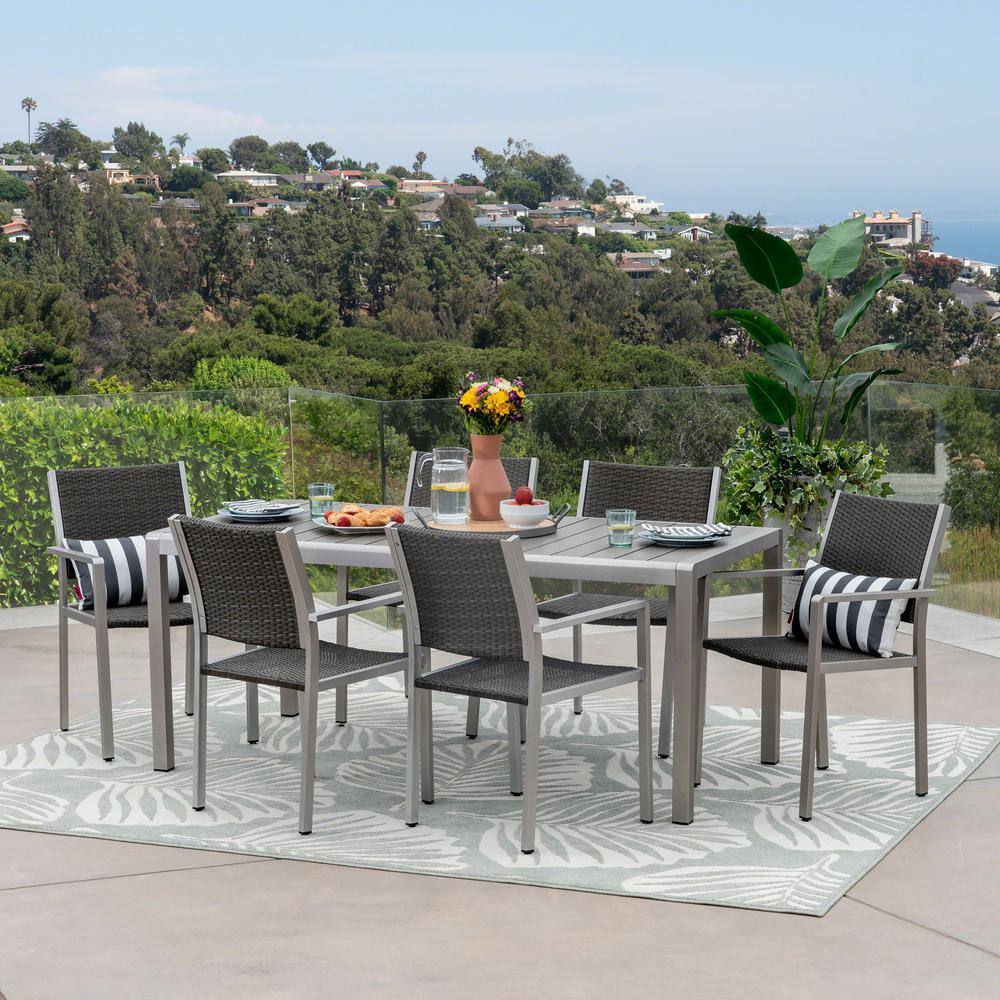 Gray and Silver Aluminum and Wicker 6-Person Outdoor Dining Set