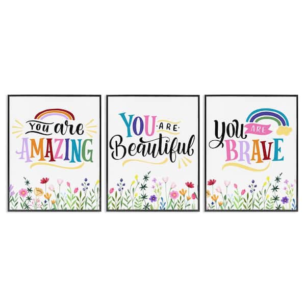 Confidence Sentiments with Florals by Kim Allen 3 Piece Black Framed Typography Giclee Art Print 30 in. x 24 in.