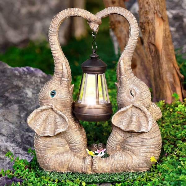 OGETFUUR Elephant Statue Garden Decor with LED Solar Lights-Set of