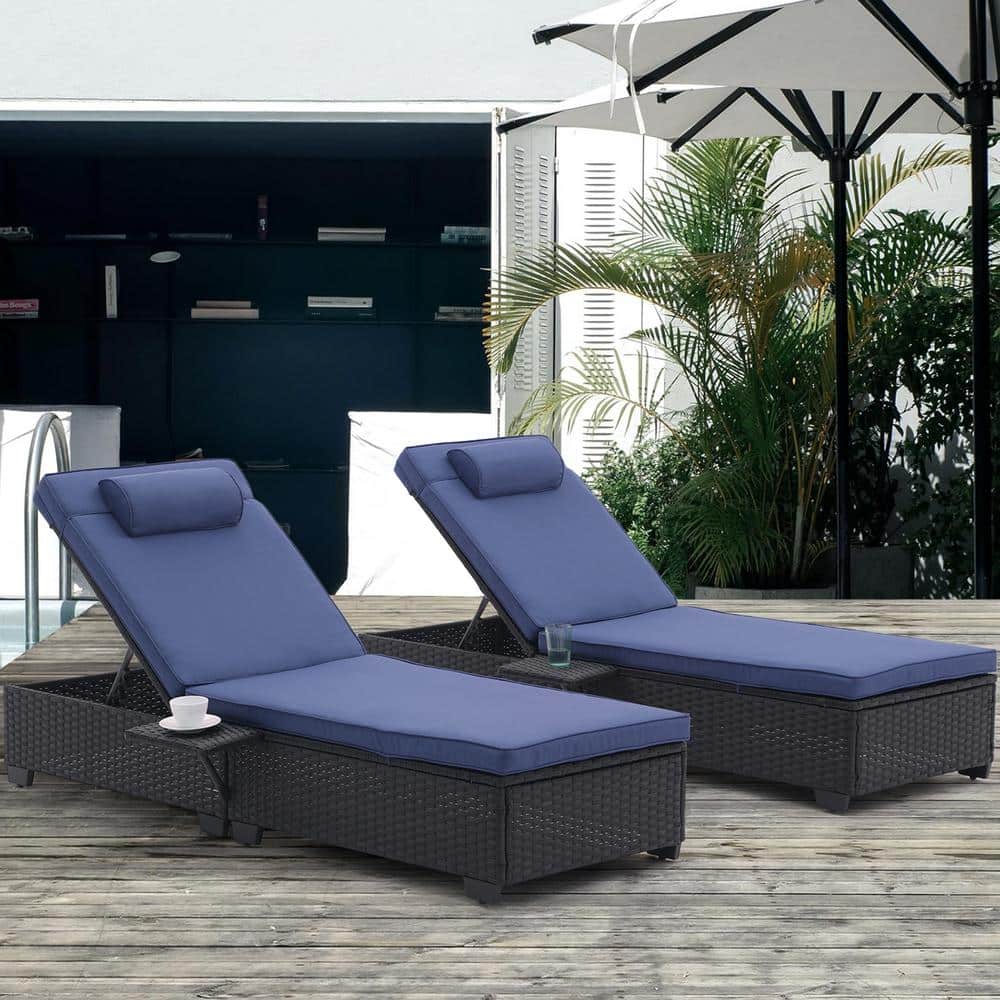 2-Piece Black Wicker Adjustable Backrest Outdoor Chaise Lounge with Navy Bl