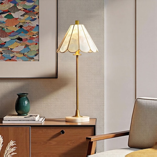 Verity 26 in. Polished Brass Table Lamp with Brass Acrylic Shade