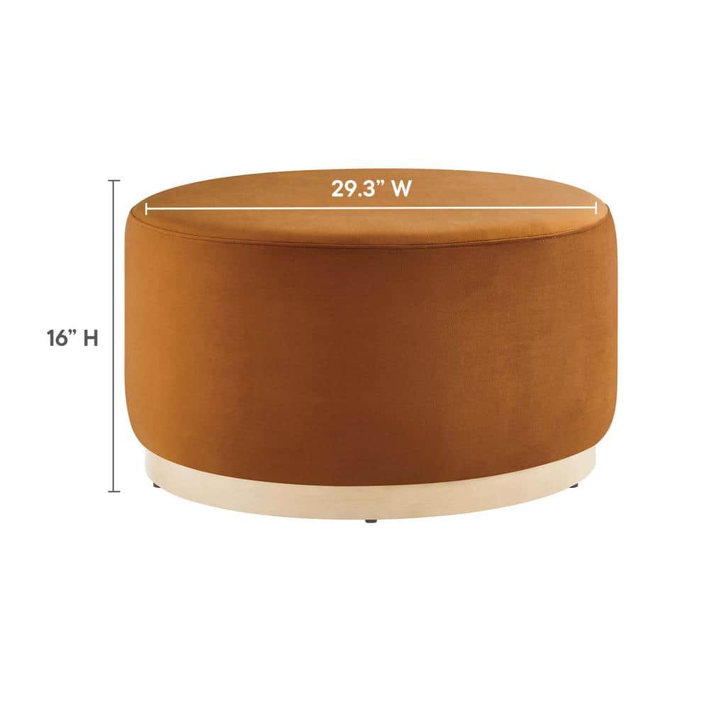 Tilden Large Round Rust Velvet Upholstered Ottoman with Rubberwood Base