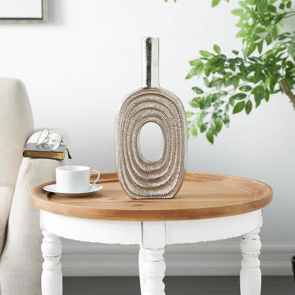 Litton Lane 16 in. Silver Circular Aluminum Metal Decorative Vase with Linear Etchings