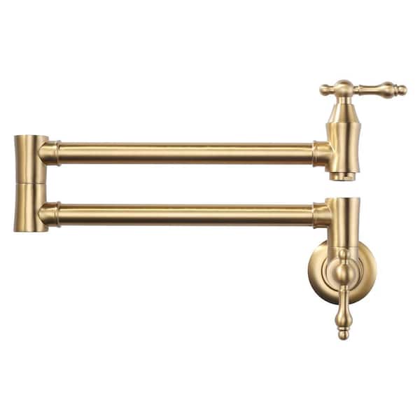 Brass Wall Mounted Pot Filler with 2 Handles and 2 Aerators in Gold