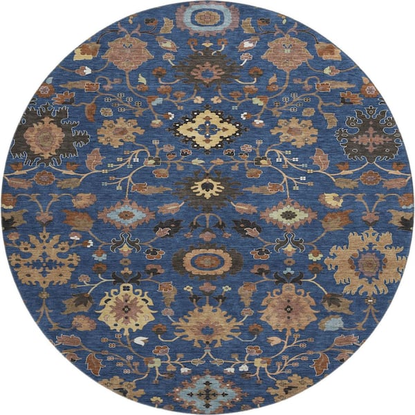 Mayfield Premium Machine Washable Abstract AMF2458 Navy 8 ft. x 8 ft. Round Rug