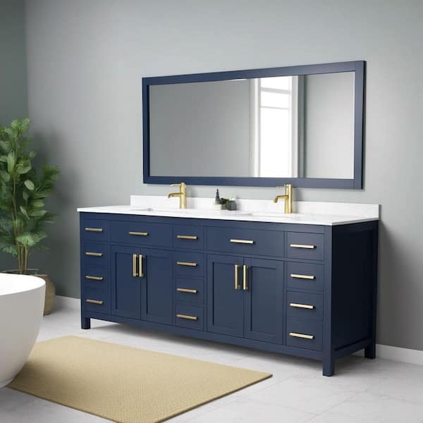 Wyndham Collection Beckett 84 in. W x 22 in. D Double Vanity in Dark Blue with Cultured Marble Vanity Top in Carrara with White Basins