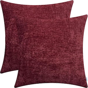 Outdoor Cozy Throw Pillow Covers Cases for Couch Sofa Home Decoration Solid Dyed Soft Chenille Burgundy (2-Pack)