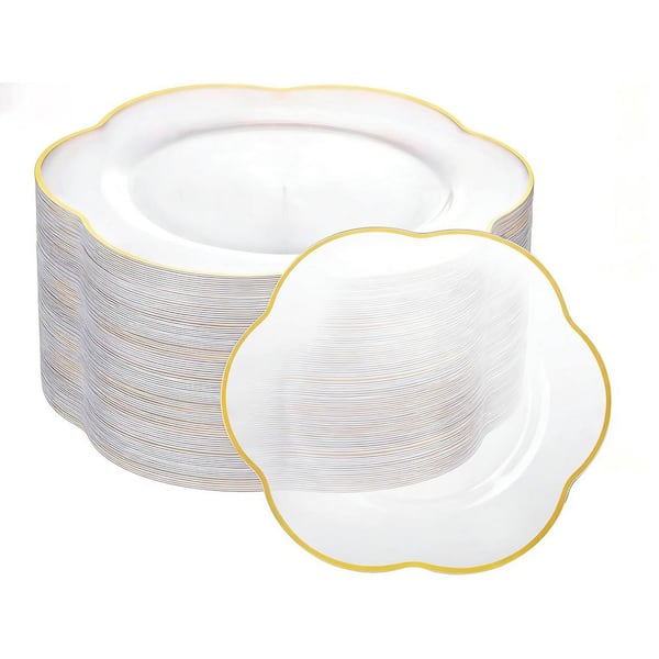 100 Pack Clear Plastic Plates with Gold Trim 10 Inch Heavy Duty Disposable Dinner Plates for Weddings and Parties