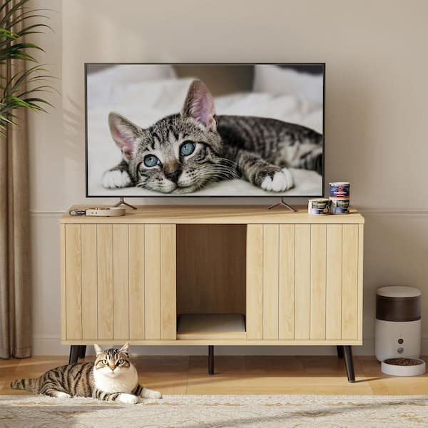 Natural Oak TV Stand Fits TVs up to 50 to 55 in. Large Cat Litter Box Enclosure with Litter Mat and Dog-Proof Design