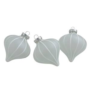 3.25 in. (75 mm) Clear Frosted with White Glitter Stripes Matte Glass Onion Christmas Ornament Set (3-Count)