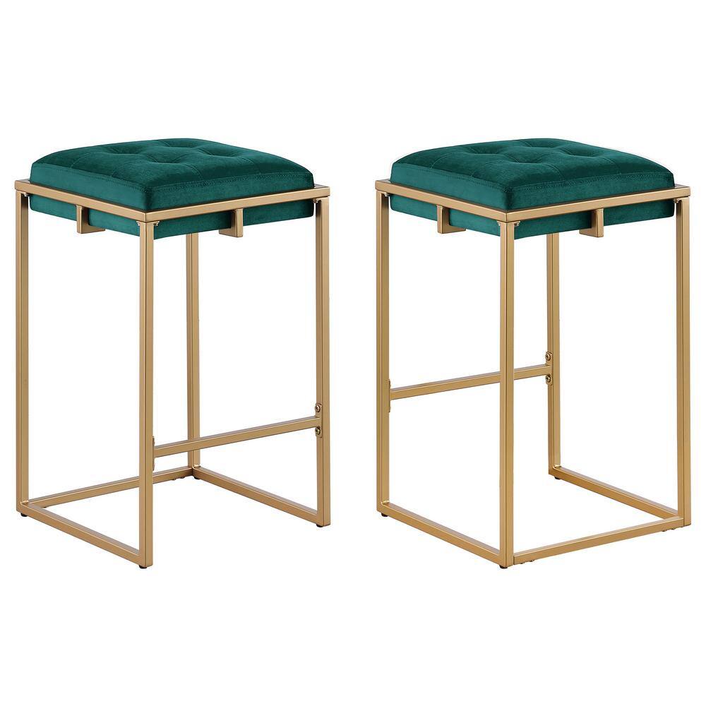 Hunter Green and Gold Velvet Backless Counter Stool