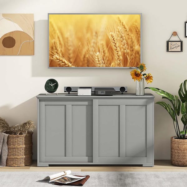 Gray Wood 42 in. Kitchen Storage Cabinet Sideboard Buffet Cupboard Sliding Door Pantry