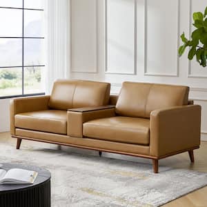 Estefan Camel 89 in. Wide Mid-century Modern Genuine Leather Sofa