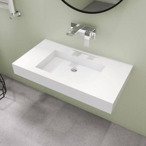 35 in. Wall Mount Rectangle Vessel Sink, Solid Surface Bathroom Vessel Sink