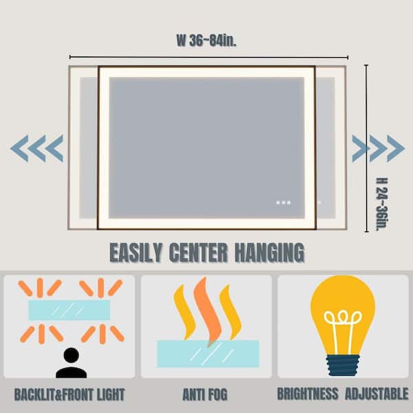 40 in. W x 32 in. H Rectangular Aluminum Framed Light Dimmable Anti-Fog LED Wall Bathroom Vanity Mirror in Black