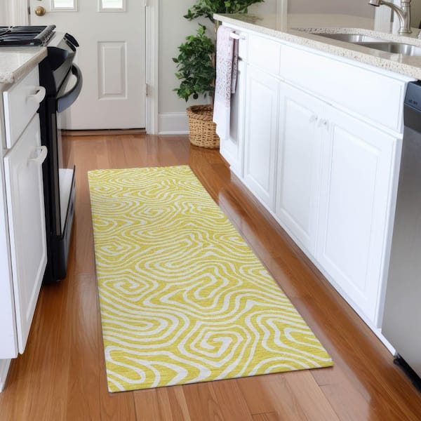Mayfield Premium Machine Washable Abstract AMF1030 Yellow 2 ft. 3 in. x 7 ft. 6 in. Runner Rug