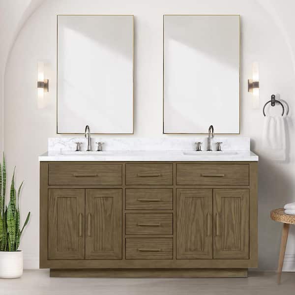 Lexora Condor 60 in W x 22 in D Grey Oak Double Bath Vanity, Carrara Marble Top, and Faucet Set