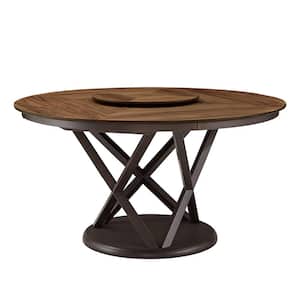 59.4 in. Two-Tone Round Espresso And Walnut Wood Dining Table with Lazy Susan