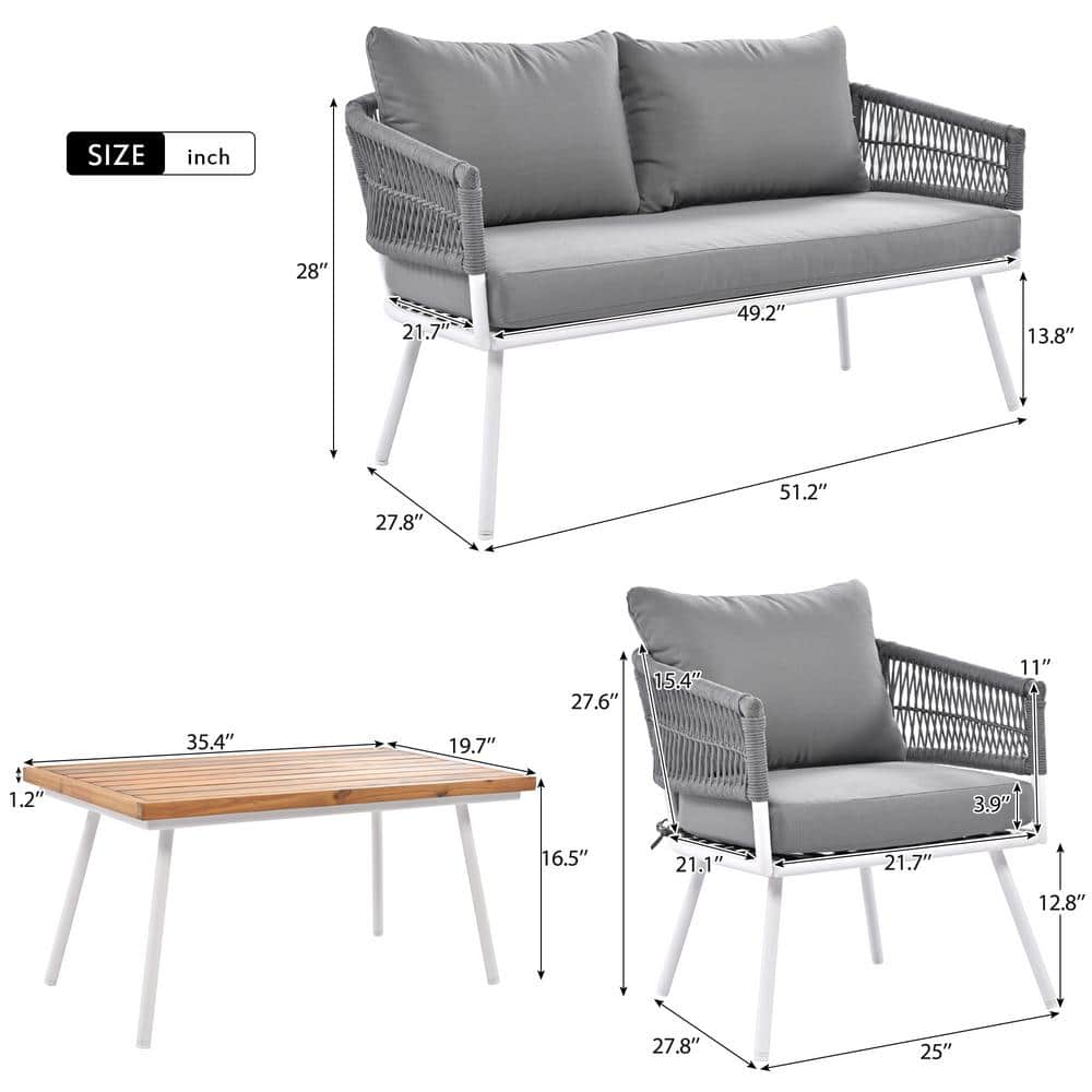 Gray Rope and White Iron Patio Furniture Set with Acacia Wood Table