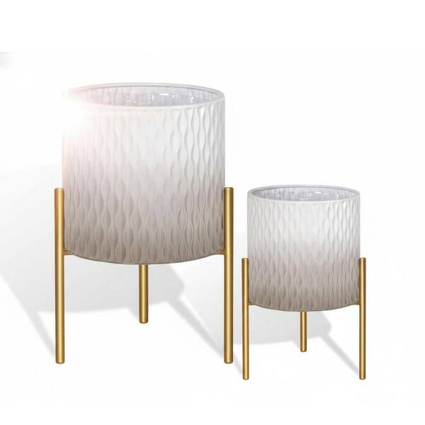 Set of 2-Grey and White Metal Planters with Stand (8.25/10.5 in.)